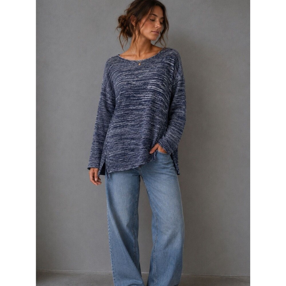 Ellen Tracy Marled Knit Tunic Sweater Blue & White Size Medium